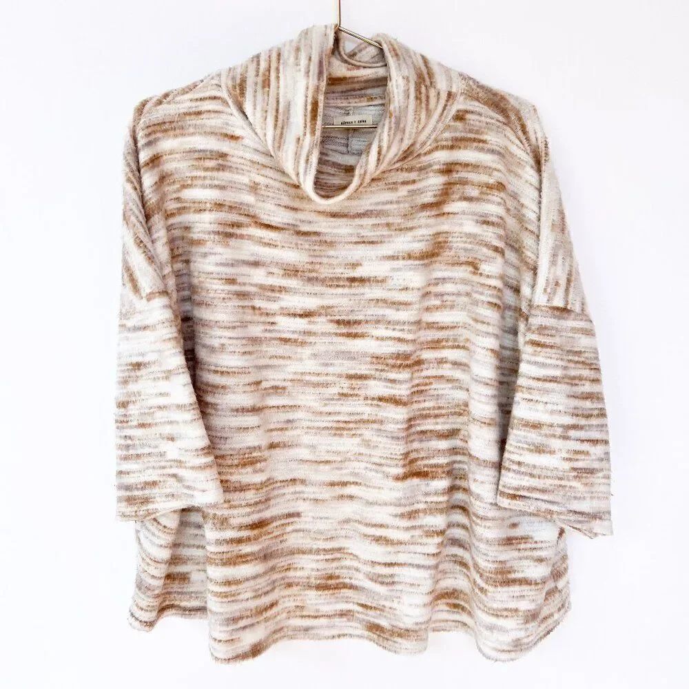 Anthropologie Silence + Noise Marled Tan Cream Mock Neck Short Sleeve Pullover